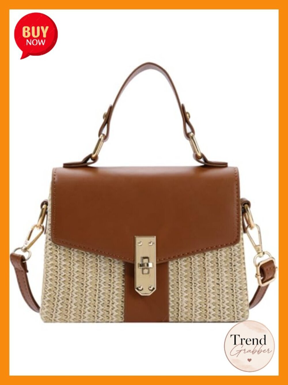 Small Woven Straw Crossbody Shoulder Bag with PU Leather Trim and Twist Lock